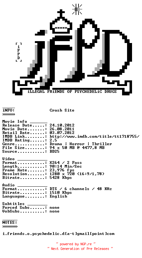 NFO for the release Crash.Site.2011.720p.BluRay.x264-iFPD by iFPD