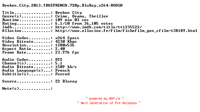 NFO for the release Broken.City.2013.TRUEFRENCH.720p.BluRay.x264-ROUGH by ROUGH