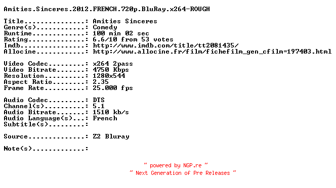 NFO for the release Amities.Sinceres.2012.FRENCH.720p.BluRay.x264-ROUGH by ROUGH