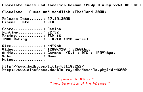 NFO for the release Chocolate.suess.und.toedlich.German.720p.BluRay.x264-DEFUSED by DEFUSED