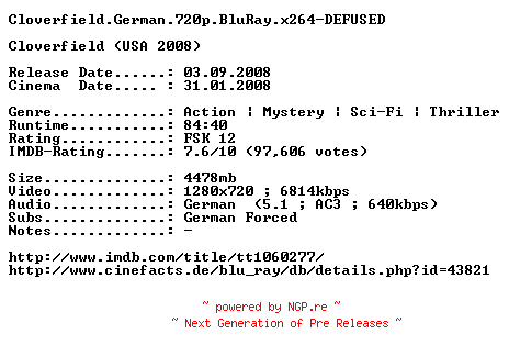 NFO for the release Cloverfield.German.720p.BluRay.x264-DEFUSED by DEFUSED