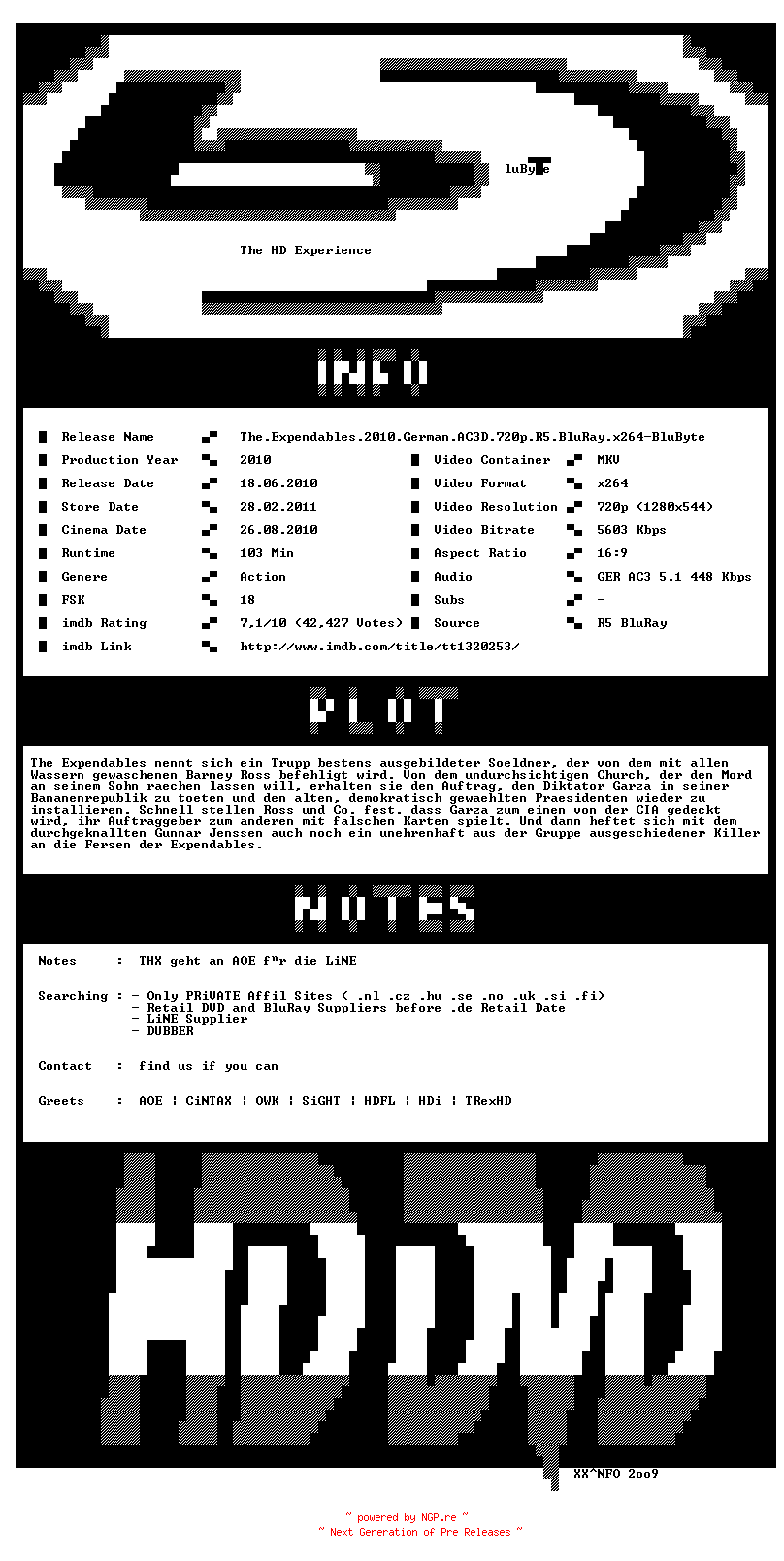 NFO for the release The.Expendables.2010.German.AC3D.720p.R5.BluRay.x264-BluByte by BluByte
