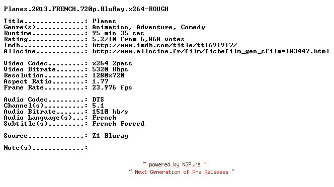 NFO for the release Planes.2013.FRENCH.720p.BluRay.x264-ROUGH by ROUGH