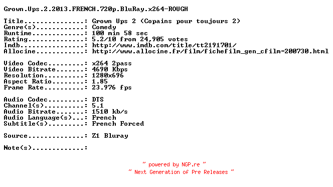 NFO for the release Grown.Ups.2.2013.FRENCH.720p.BluRay.x264-ROUGH by ROUGH