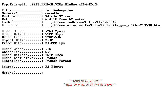 NFO for the release Pop.Redemption.2013.FRENCH.720p.BluRay.x264-ROUGH by ROUGH