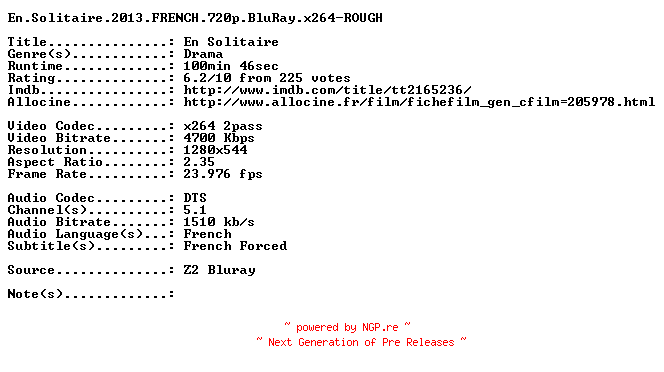 NFO for the release En.Solitaire.2013.FRENCH.720p.BluRay.x264-ROUGH by ROUGH