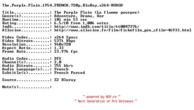NFO for the release The.Purple.Plain.1954.FRENCH.720p.BluRay.x264-ROUGH by ROUGH