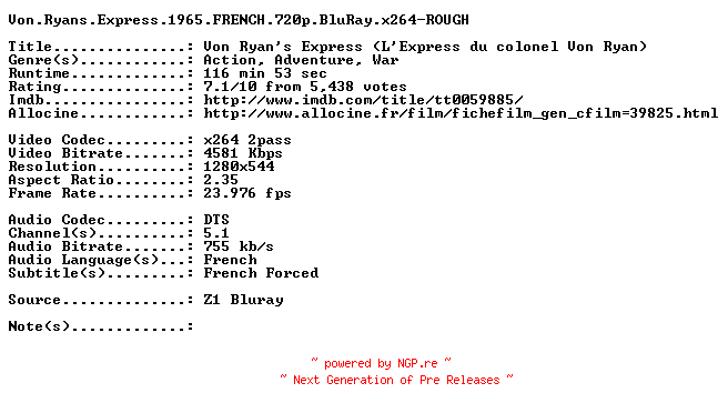 NFO for the release Von.Ryans.Express.1965.FRENCH.720p.BluRay.x264-ROUGH by ROUGH