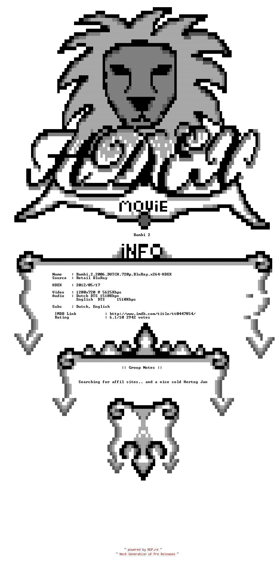 NFO for the release Bambi.2.2006.DUTCH.720p.BluRay.x264-HDEX by HDEX