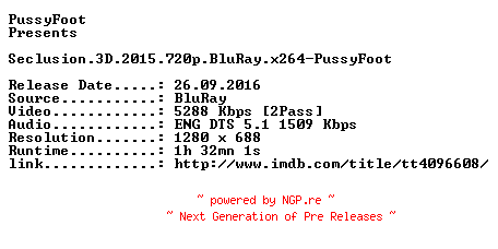 NFO for the release Seclusion.3D.2015.720p.BluRay.x264-PussyFoot by PussyFoot