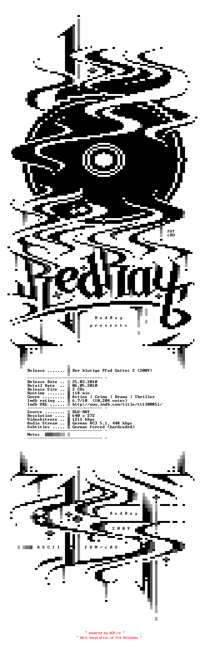 NFO for the release Der.blutige.Pfad.Gottes.2.UNCUT.German.AC3.BDRip.XviD-RedRay by RedRay