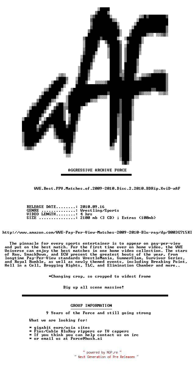 NFO for the release WWE.Best.PPV.Matches.of.2009-2010.Disc.2.2010.BDRip.XviD-aAF by aAF