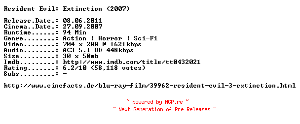 NFO for the release Resident.Evil.Extinction.German.2007.AC3.BDRip.XviD.INTERNAL-ARC by ARC