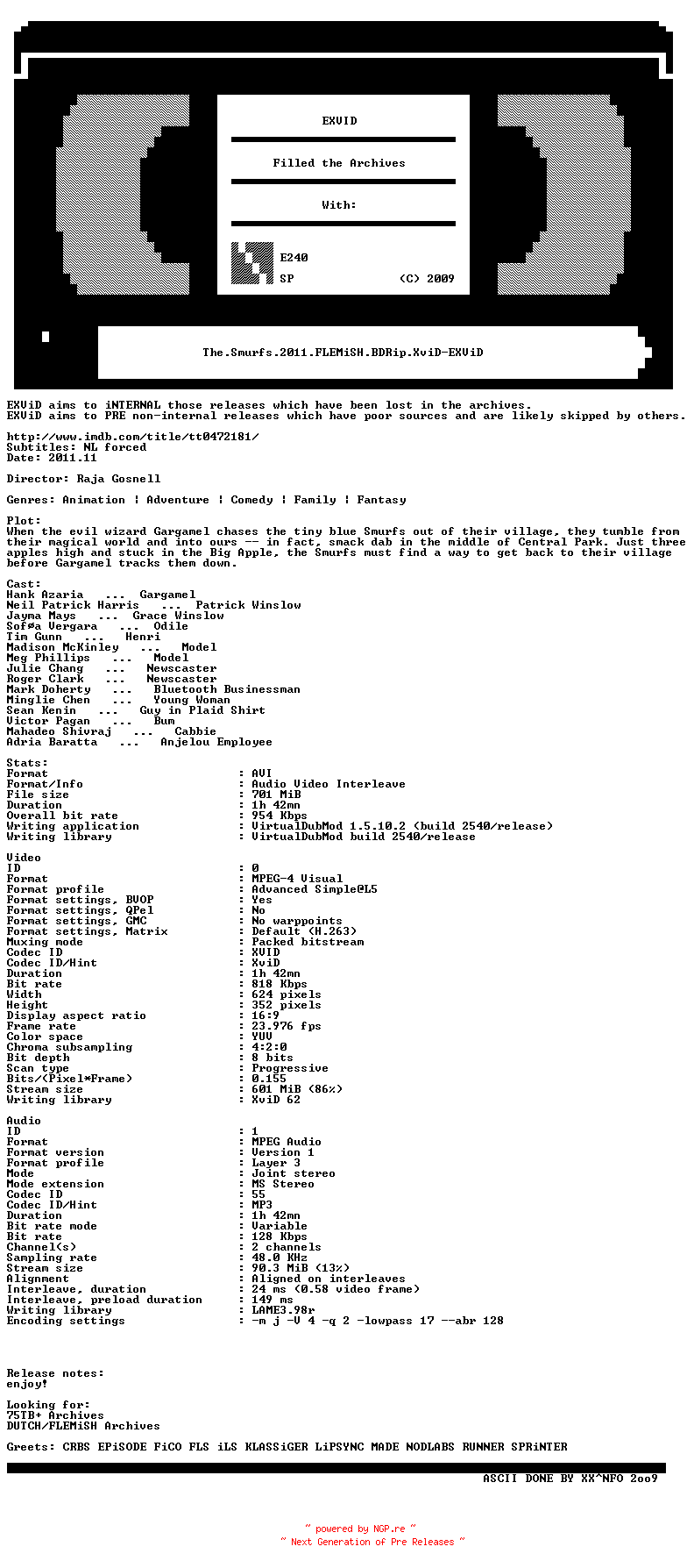 NFO for the release The.Smurfs.2011.FLEMiSH.BDRip.XviD-EXViD by EXViD