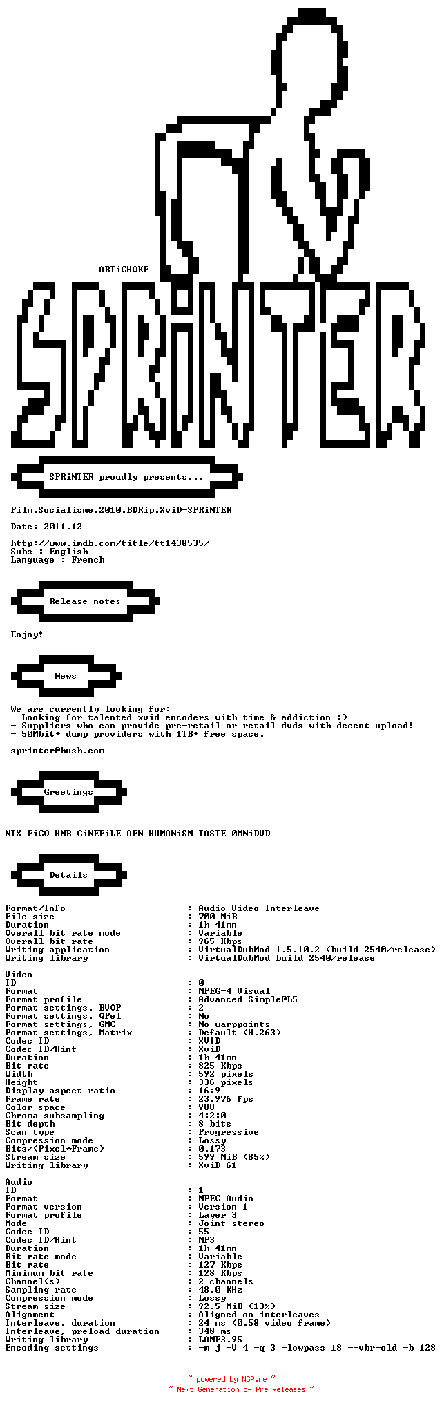 NFO for the release Film.Socialisme.2010.BDRip.XviD-SPRiNTER by SPRiNTER