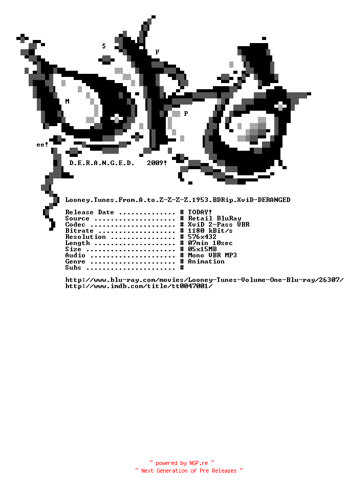 NFO for the release Looney.Tunes.From.A.to.Z-Z-Z-Z.1953.BDRip.XviD-DERANGED by DERANGED