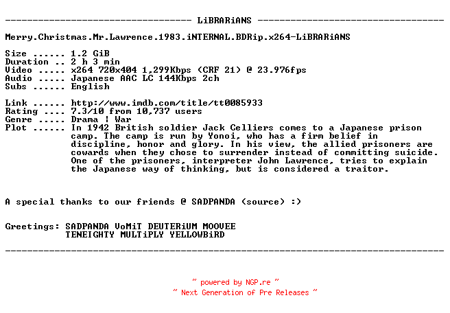 NFO for the release Merry.Christmas.Mr.Lawrence.1983.iNTERNAL.BDRip.x264-LiBRARiANS by LiBRARiANS