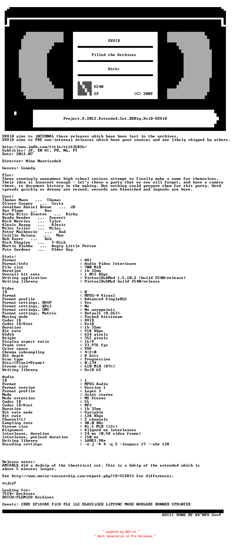 NFO for the release Project.X.2012.Extended.Cut.BDRip.XviD-EXViD by EXViD
