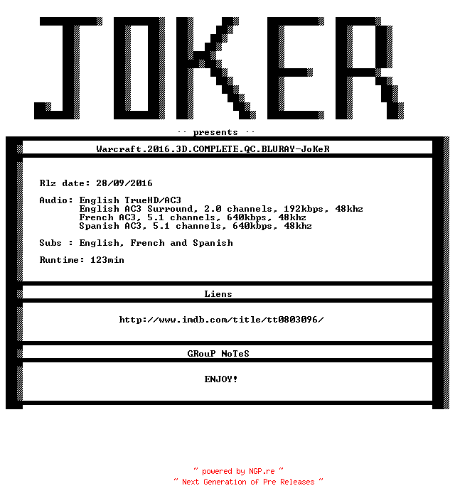 NFO for the release Warcraft.2016.3D.COMPLETE.QC.BLURAY-JoKeR by JoKeR