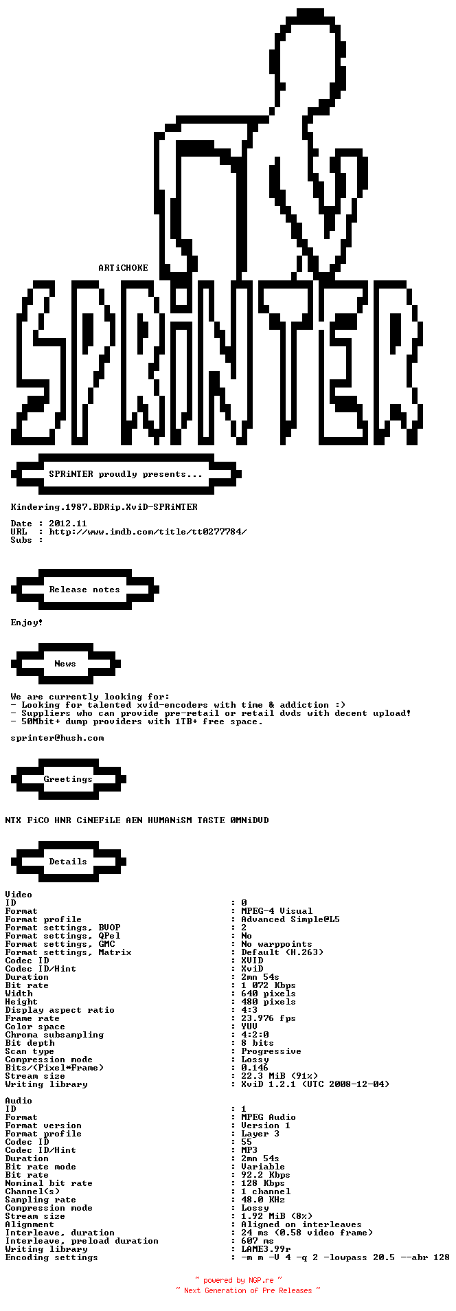 NFO for the release Kindering.1987.BDRip.XviD-SPRiNTER by SPRiNTER
