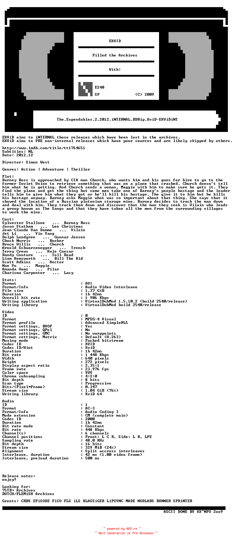NFO for the release The.Expendables.2.2012.iNTERNAL.BDRip.XviD-EXViDiNT by EXViDiNT