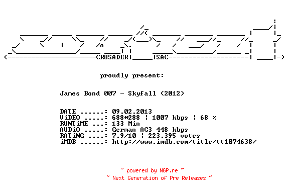 NFO for the release James.Bond.007.Skyfall.German.AC3.BDRip.XviD-CONFiDENT by CONFiDENT