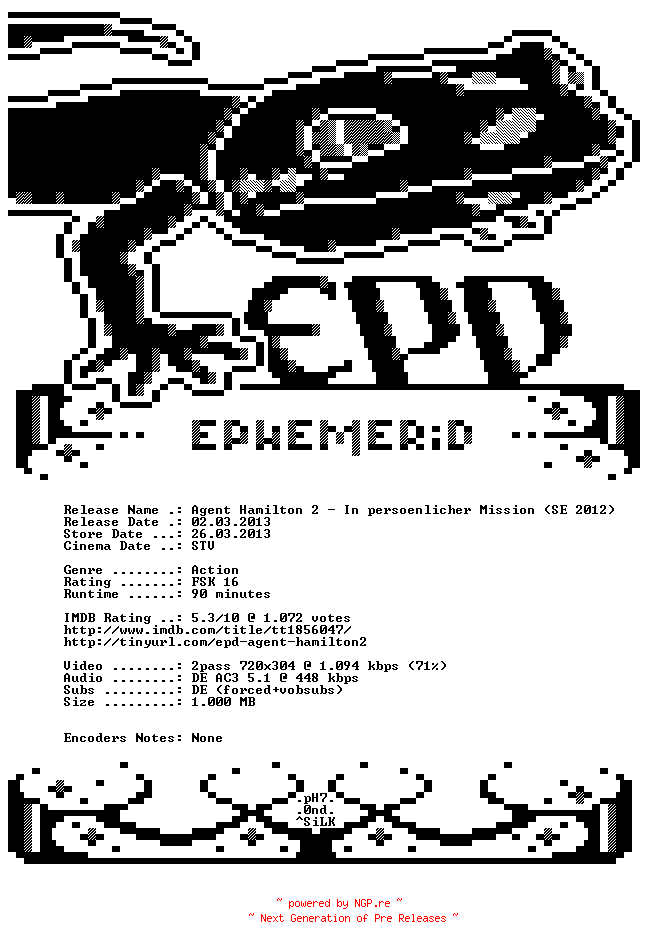 NFO for the release Agent.Hamilton.2.2012.German.AC3.BDRip.XviD-EPHEMERiD by EPHEMERiD