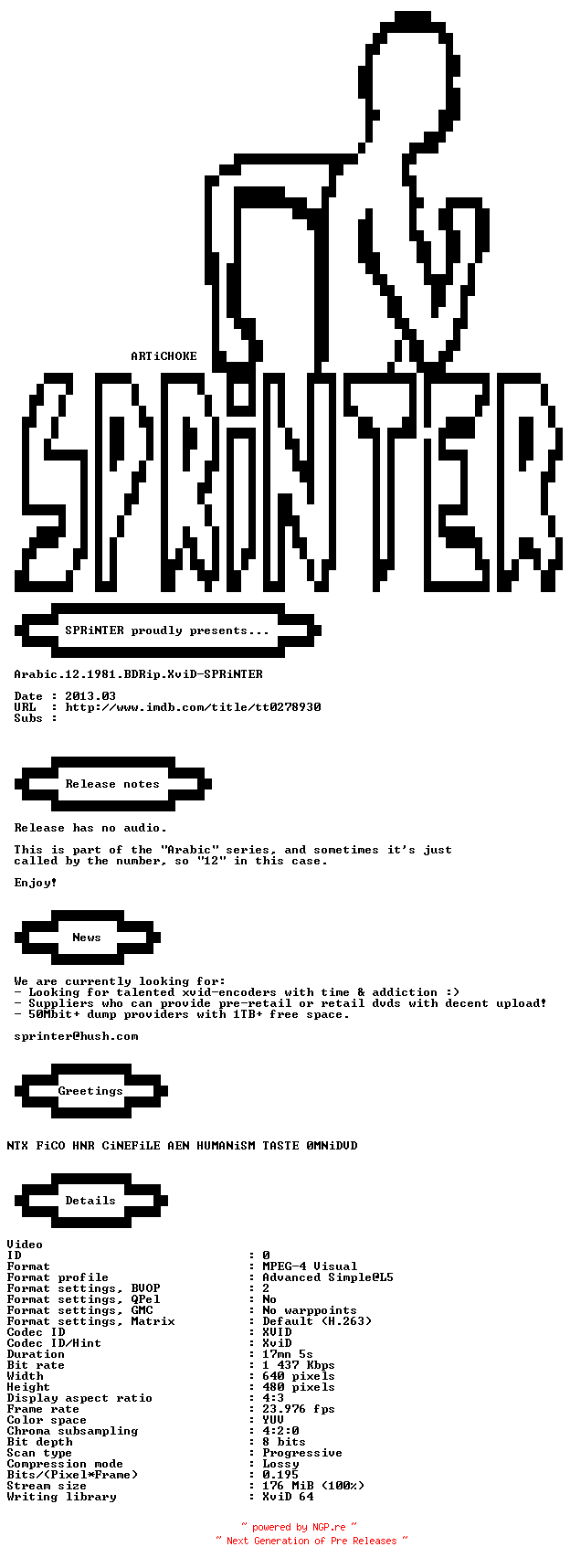 NFO for the release Arabic.12.1981.BDRip.XviD-SPRiNTER by SPRiNTER