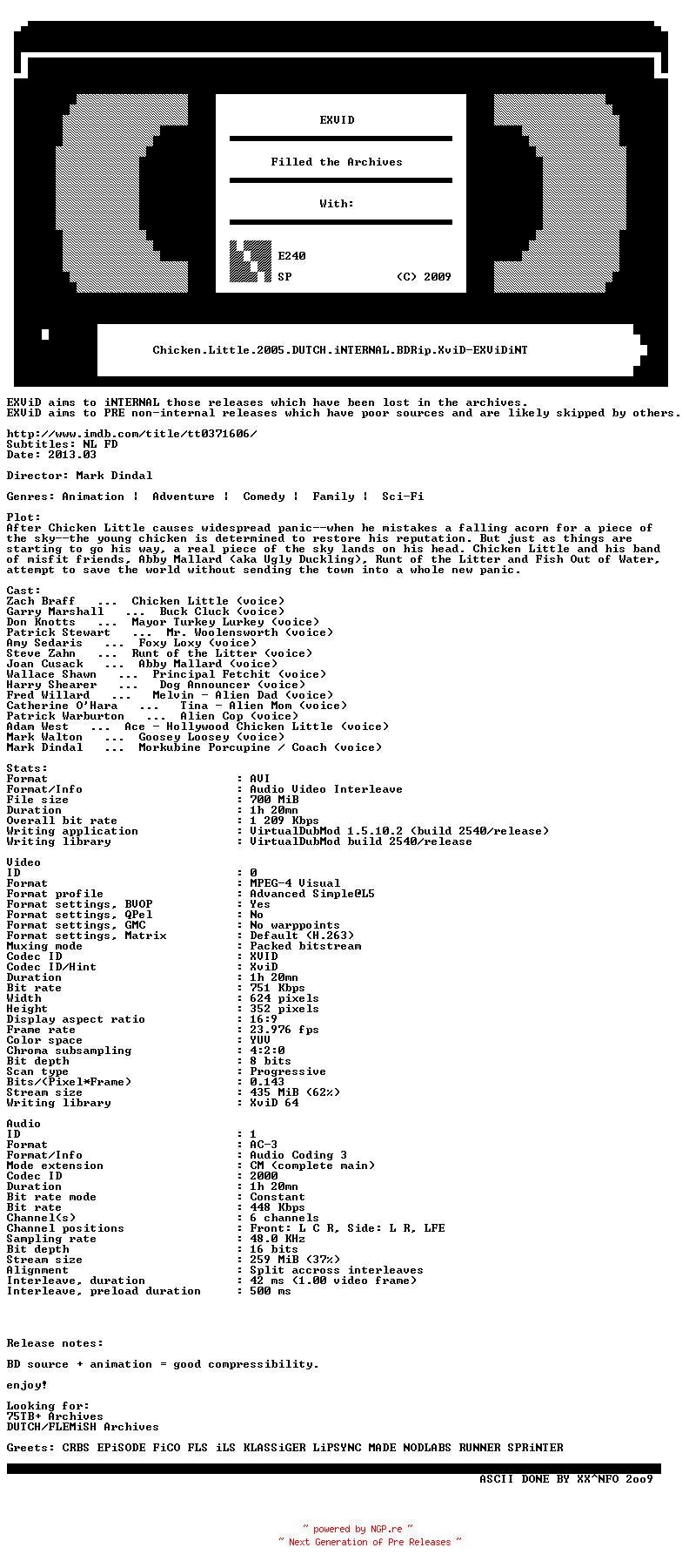 NFO for the release Chicken.Little.2005.DUTCH.iNTERNAL.BDRip.XviD-EXViDiNT by EXViDiNT