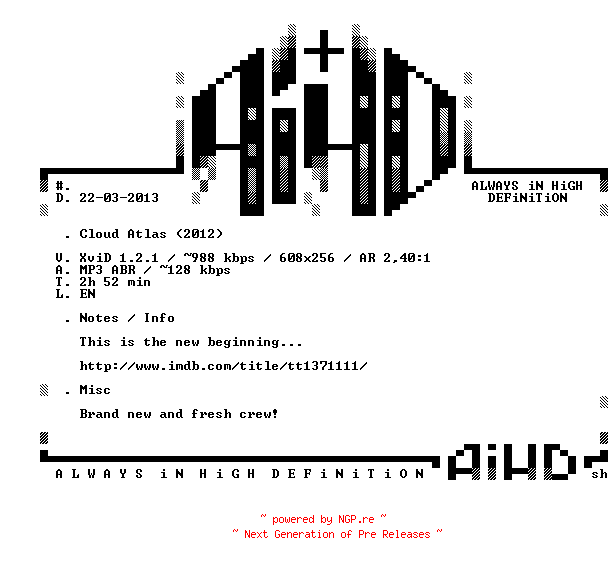 NFO for the release Cloud.Atlas.2012.BDRiP.XviD-AiHD by AiHD