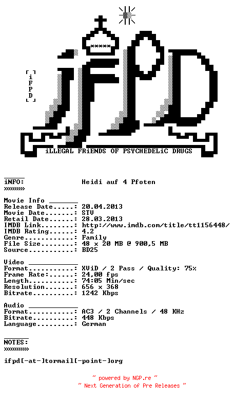 NFO for the release Heidi.auf.4.Pfoten.2008.German.AC3.BDRiP.XViD-iFPD by iFPD