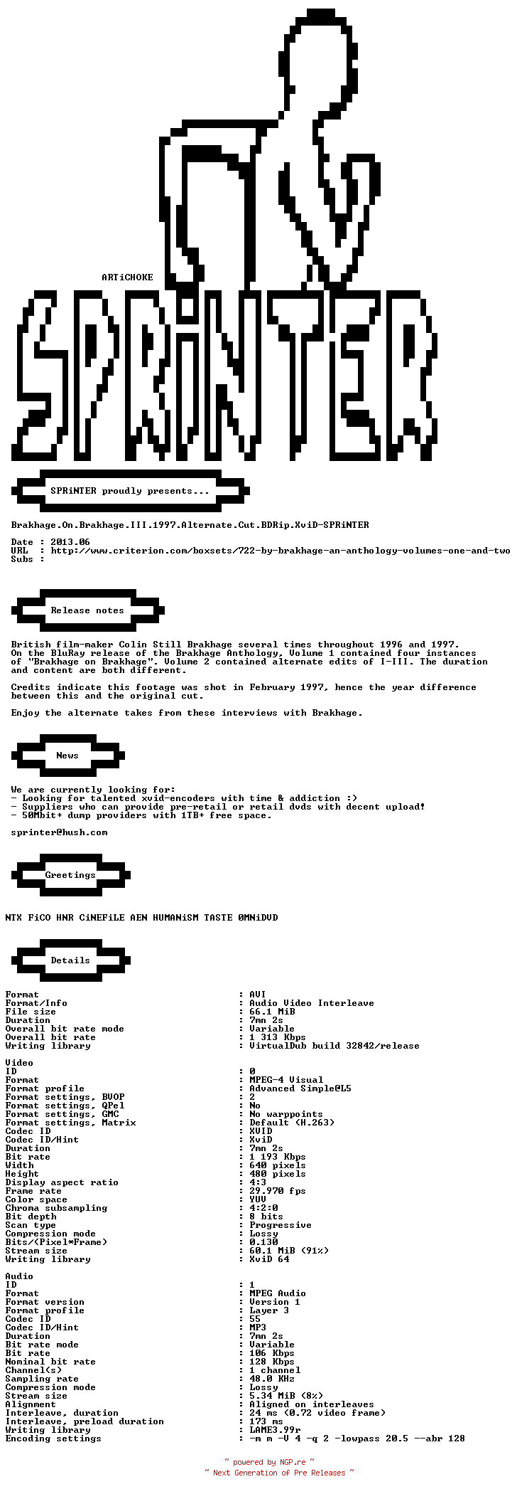 NFO for the release Brakhage.On.Brakhage.III.1997.Alternate.Cut.BDRip.XviD-SPRiNTER by SPRiNTER