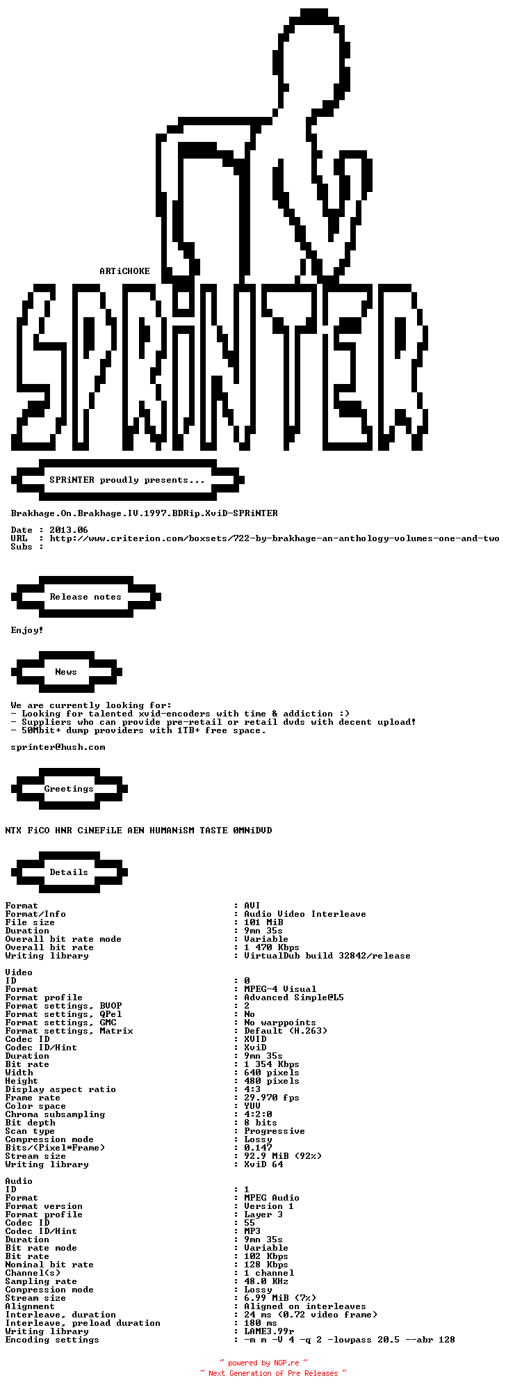 NFO for the release Brakhage.On.Brakhage.IV.1997.BDRip.XviD-SPRiNTER by SPRiNTER