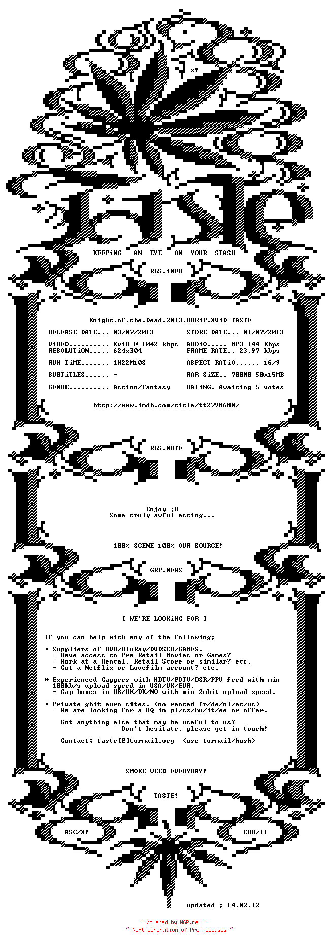 NFO for the release Knight.of.the.Dead.2013.BDRiP.XViD-TASTE by TASTE