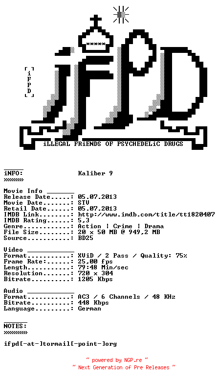 NFO for the release Kaliber.9.2011.German.AC3.BDRiP.XViD-iFPD by iFPD