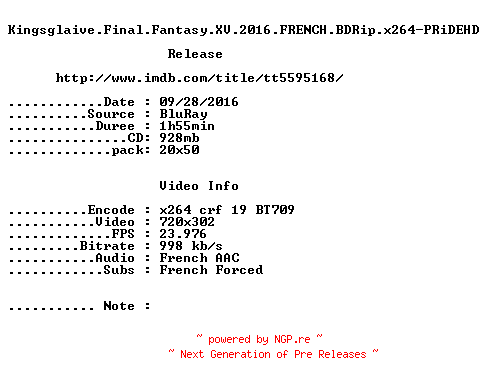 NFO for the release Kingsglaive.Final.Fantasy.XV.2016.FRENCH.BDRip.x264-PRiDEHD by PRiDEHD