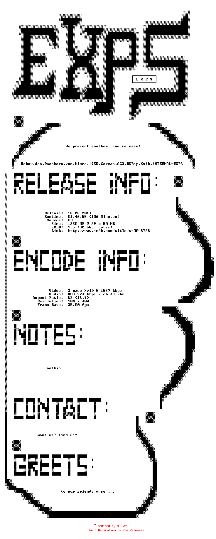 NFO for the release Ueber.den.Daechern.von.Nizza.1955.German.AC3.BDRip.XviD.iNTERNAL-EXPS by EXPS