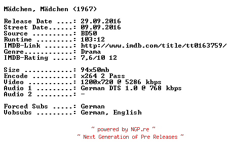 NFO for the release Maedchen.Maedchen.1967.German.720p.BluRay.x264-SPiCY by SPiCY