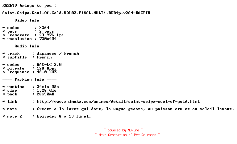 NFO for the release Saint.Seiya.Soul.Of.Gold.VOL02.FiNAL.MULTi.BDRip.x264-KAZETV by KAZETV