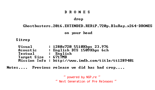 NFO for the release Ghostbusters.2016.EXTENDED.RERiP.720p.BluRay.x264-DRONES by DRONES