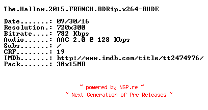 NFO for the release The.Hallow.2015.FRENCH.BDRip.x264-RUDE by RUDE