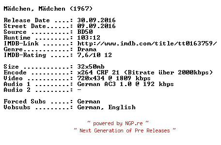 NFO for the release Maedchen.Maedchen.German.1967.AC3.BDRip.x264-SPiCY by SPiCY