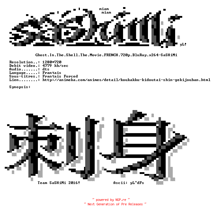 NFO for the release Ghost.In.The.Shell.The.Movie.FRENCH.720p.BluRay.x264-SaSHiMi by SaSHiMi