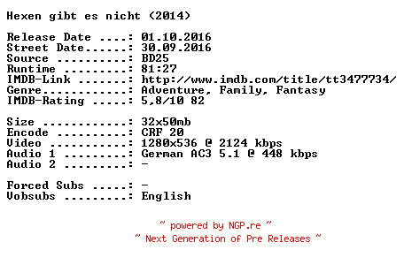 NFO for the release Hexen.gibt.es.nicht.2014.German.720p.BluRay.x264-SPiCY by SPiCY