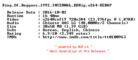 NFO for the release King.Of.Beggars.1992.INTERNAL.BDRip.x264-KEBAP by KEBAP