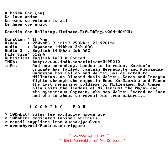 NFO for the release Hellsing.Ultimate.E10.BDRip.x264-HAiKU by HAiKU
