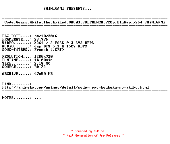 NFO for the release Code.Geass.Akito.The.Exiled.OAV03.SUBFRENCH.720p.BluRay.x264-SHiNiGAMi by SHiNiGAMi