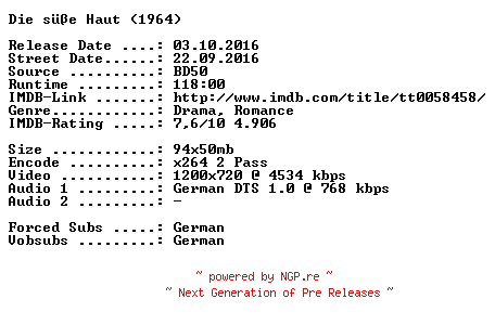 NFO for the release Die.suesse.Haut.1964.German.720p.BluRay.x264-SPiCY by SPiCY