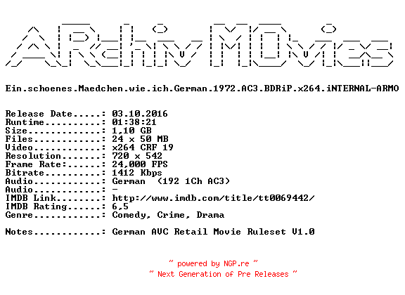 NFO for the release Ein.schoenes.Maedchen.wie.ich.German.1972.AC3.BDRiP.x264.iNTERNAL-ARMO by ARMO