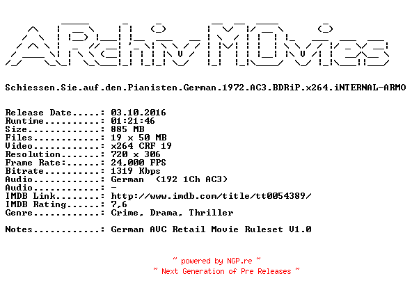 NFO for the release Schiessen.Sie.auf.den.Pianisten.German.1972.AC3.BDRiP.x264.iNTERNAL-ARMO by ARMO